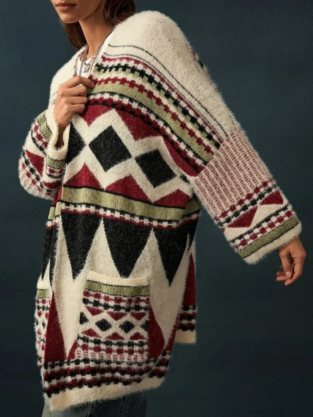 Multicolor Casual Women's Geometric Drop Shoulder Rib-Knit Cardigan
